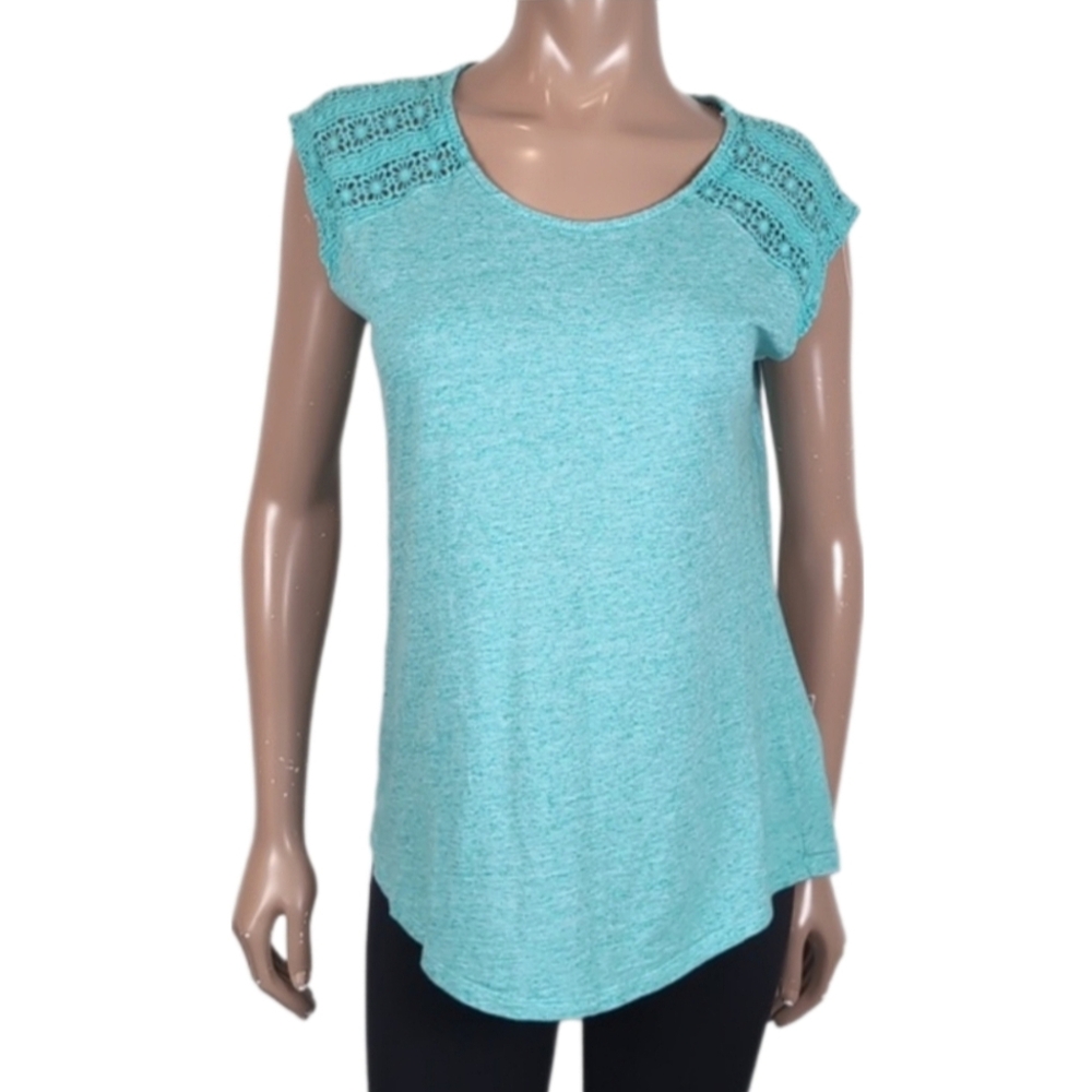 Bleu Gray Crochet Tshirt Sheer Shoulder Cap Sleeve Turquoise Summer Top